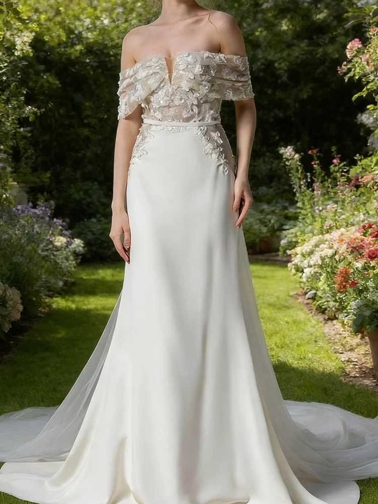 

Элегантные свадебные платья А-силуэта с открытыми плечами, аппликациями и цветочным узором, без рукавов, на заказ