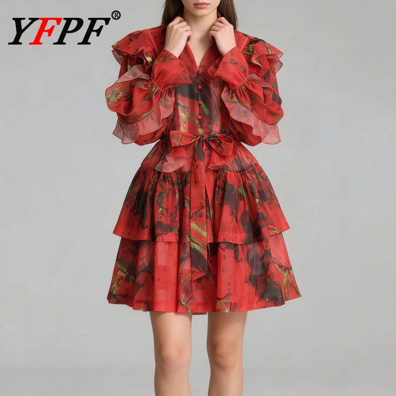 

Модное женское платье YFPF с принтом, V-образным вырезом, оборками, пэчворком, рукавами-фонариками, на шнуровке, средней длины, Весна-Лето 2026, Новинка