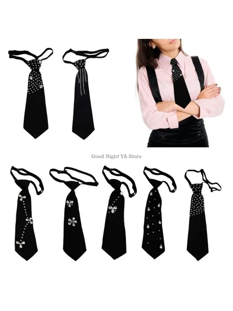  Rhinestones Embellished Necktie for Women Men Student Elegant Pre Tied Adjustable Black Ties for Uniform School Shirt