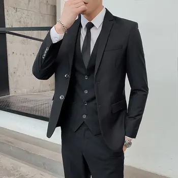Solid Color Suit Men's Fashionable Gentleman Business Banquet Korean-style Formal Dress Casual Wedding (Blazer+Vest+Trousers)