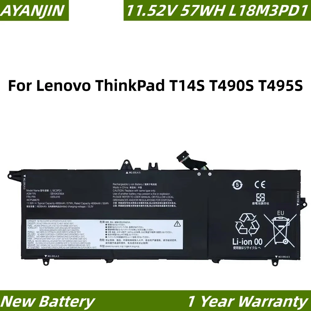 L18M3PD1 L18C3PD2 11.52V 57WH Battery For Lenovo ThinkPad T14S T490S T495S Series L18C3PD1 L18L3PD1 L18M3PD2 02DL013 02DL01