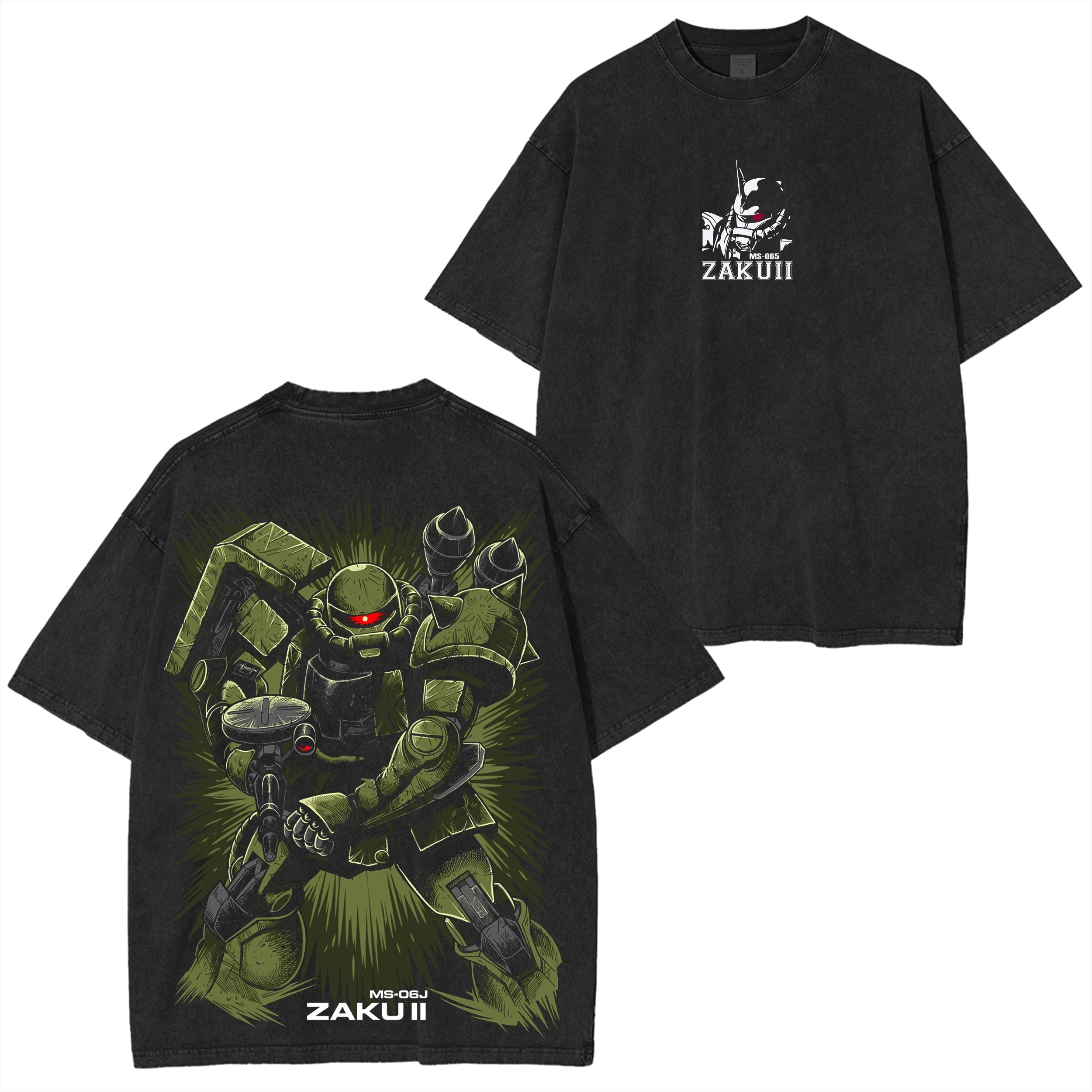 Zaku II T-Shirt MS-06J Herren Vintage Acid Wash Mecha Zeon Army Streetwear Übergroßes Retro Mobile Suit Japanisches Militär Grafik-T-Shirt