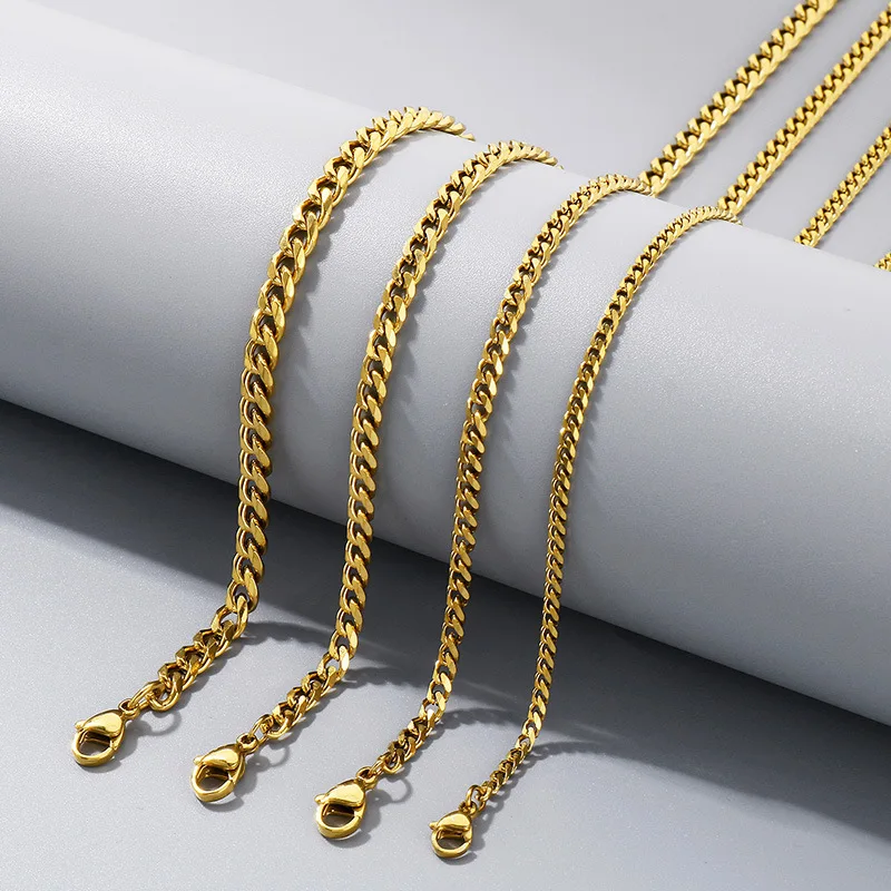 Basic Punk Stainless Steel 3,5,7mm Curb Cuban Necklaces For Men Women Black Gold Color Link Chain Chokers Solid Metal Jewelry