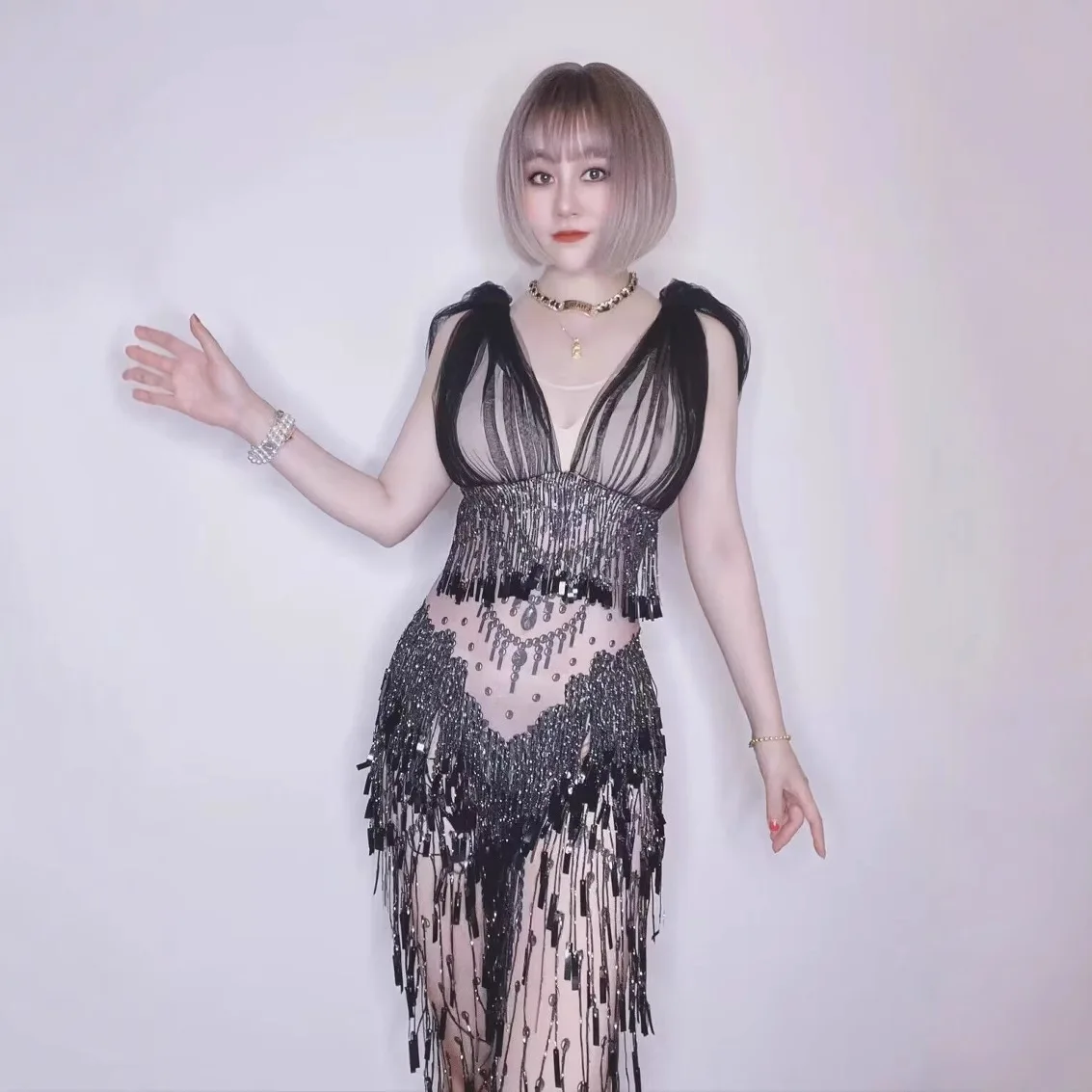 Black Slim Collar Tassel Sequins High Elastic Jumpsuit Hot Drilling Bar Costume Ink Electronic Music Festival Stage Performance