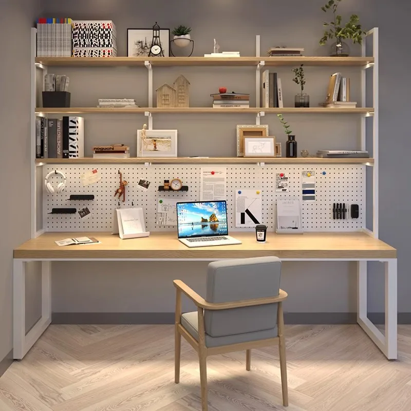 Solid wood computer desk household desk bookshelf integrated table with hole board student writing table study table simple and