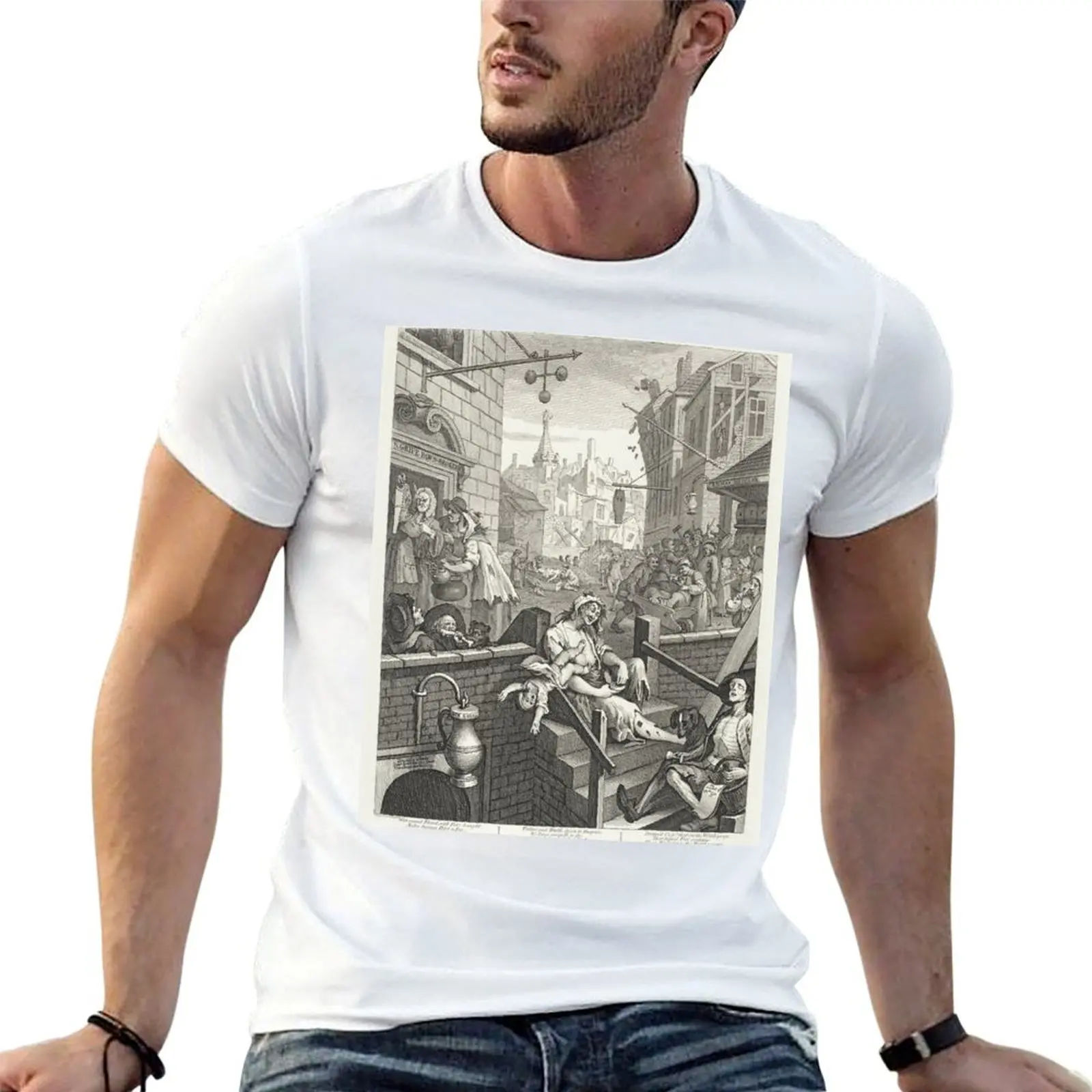 Gin Lane - William Hogarth (1697-1764) - 18th century engraving print T-Shirt Art Pattern Printed Casual Top
