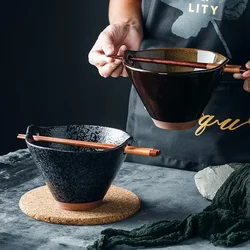 Japanese retro ceramic instant noodle bowl creative home ramen  salad fruit bowl personality binaural insert chopsticks