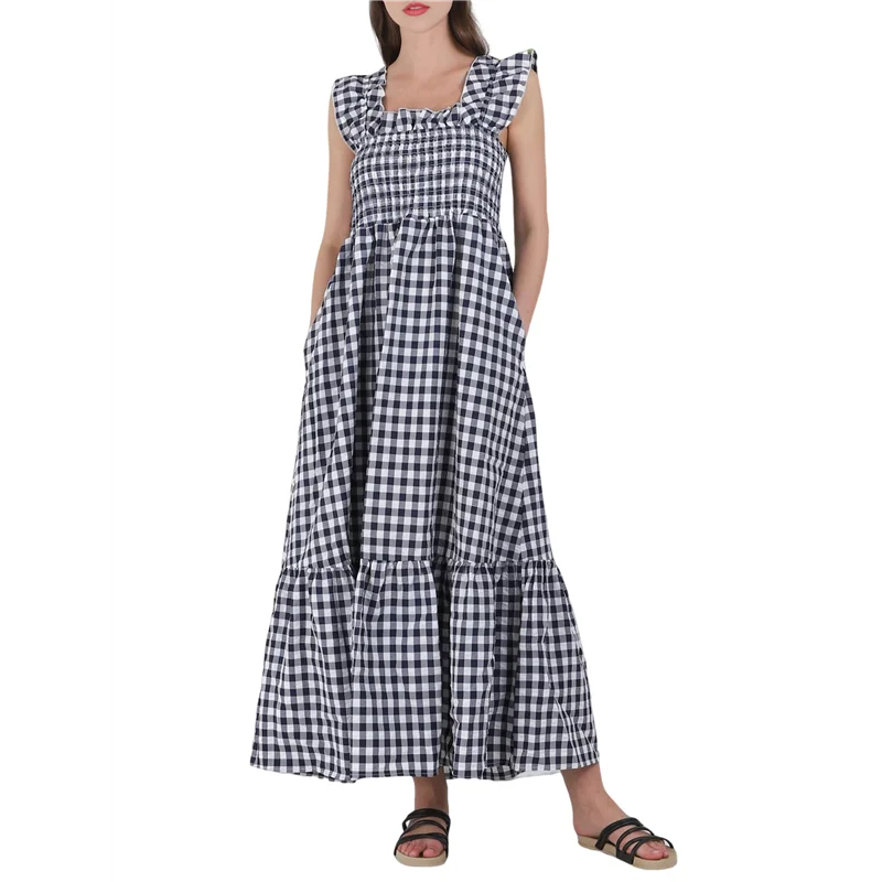 NEW-Women's Retro Plaid Smocked Dress Spaghetti Strap Flounce Long Dress
