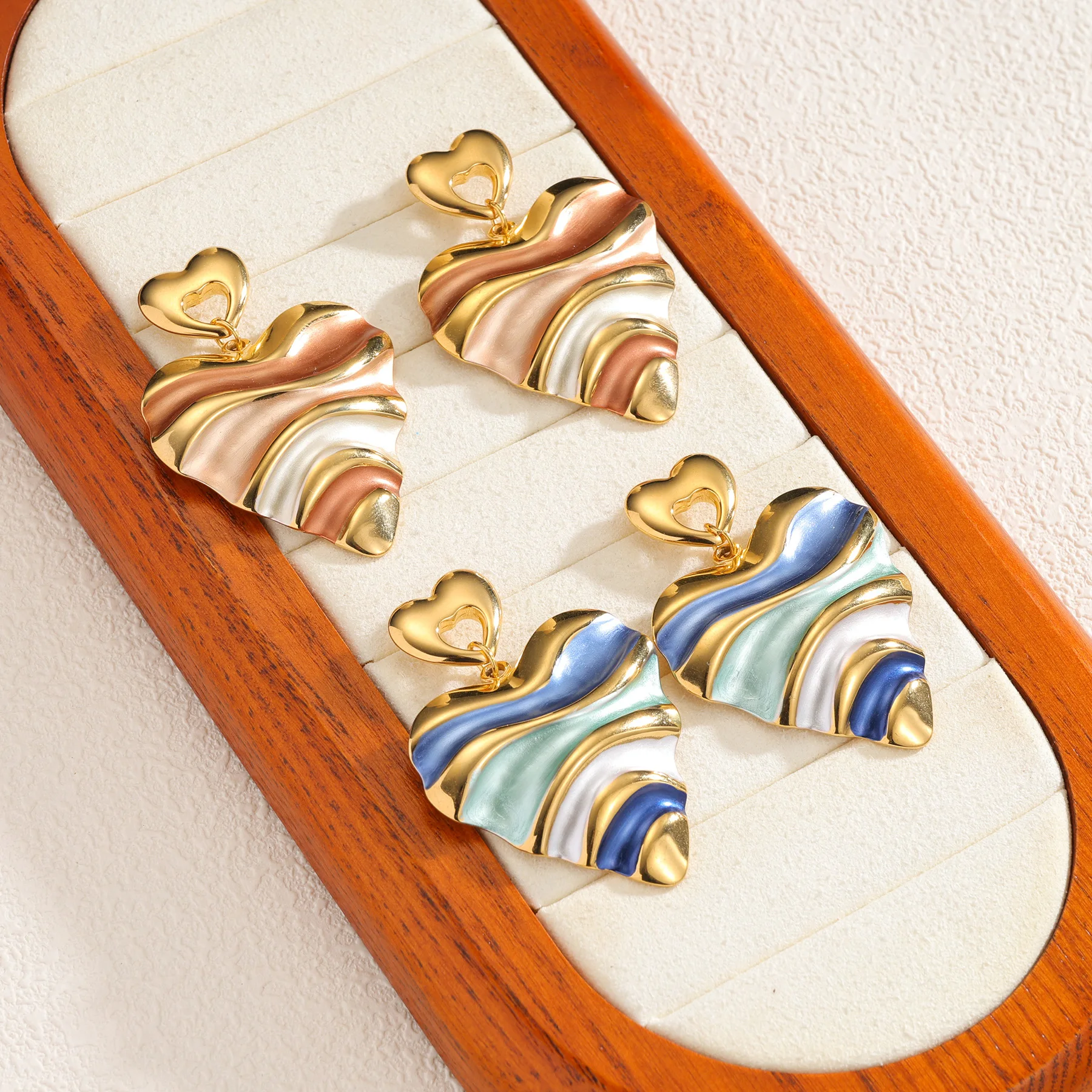 

New Trendy Irregular Multi-colored Pleated Heart Earrings For Women Stainless Steel High-quality Birthday Party Jewelry Gifts