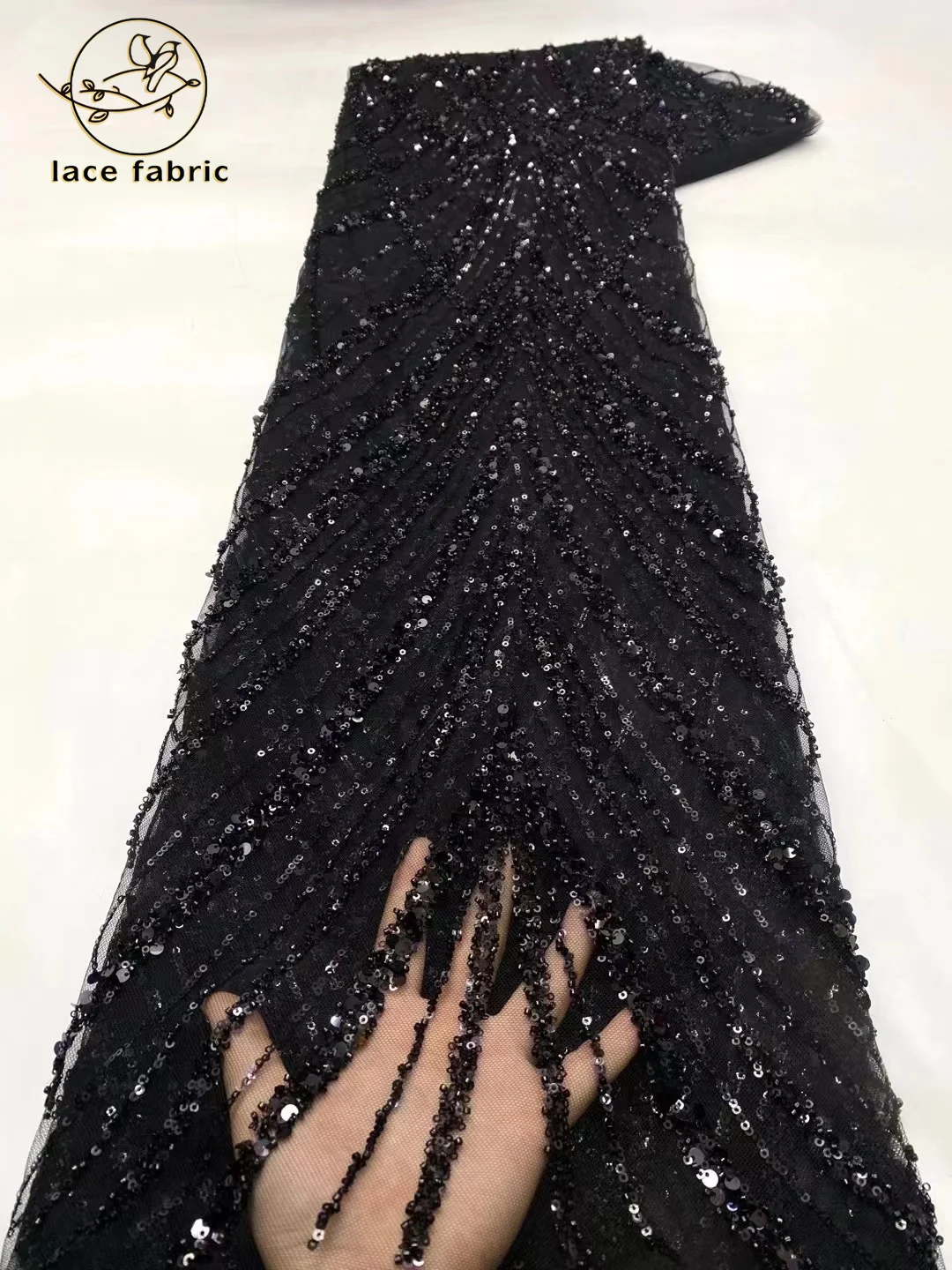 Black Latest French Tulle Beaded Sequin Lace Fabric 5 Yards 2022 High Quality Nigerian African Lace Fabric For Wedding Party