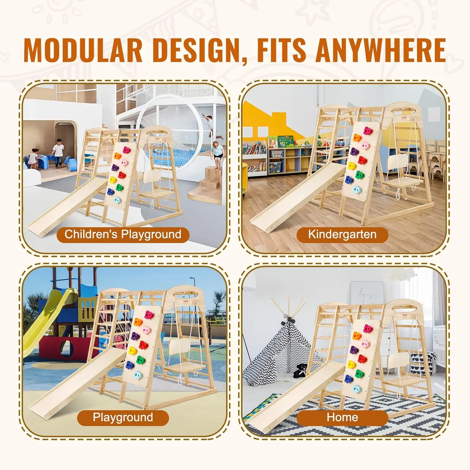 Large Size Indoor Jungle Gym, 7-in-1 Toddler Indoor Playground, Wooden Toddler Climbing Toys with Wood & Rope Ladder, Net Ladder