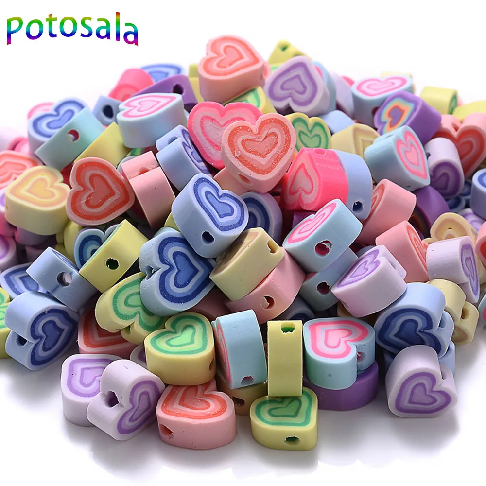 Potosala 100Pc Striped Love Heart Clay Beads Colorful Polymer Clay Spacer Beads For Jewelry Making DIY Handmade Accessories 10mm