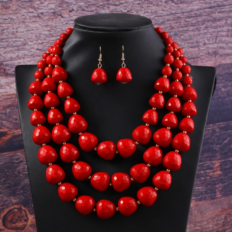 Three Layer Necklace Jewelry Set Party Wedding Bib Beads Necklace Earrings For Women Choker African Necklace Earrings Sets