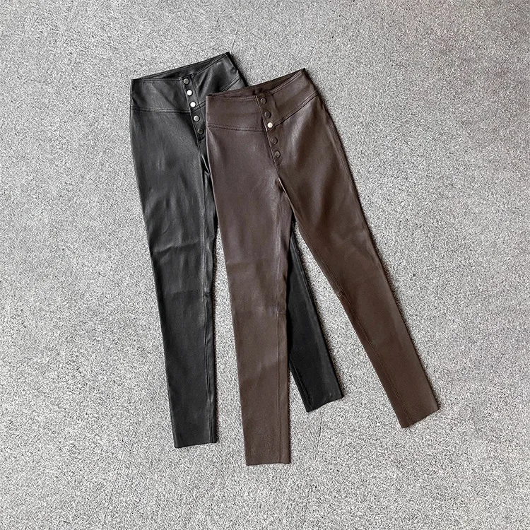 

2023 Genuine Leather Pants, Autumn and Winter New Fashion Casual Style, Snap Buckle Placket Design, Elastic Leather Sheepskin Pa