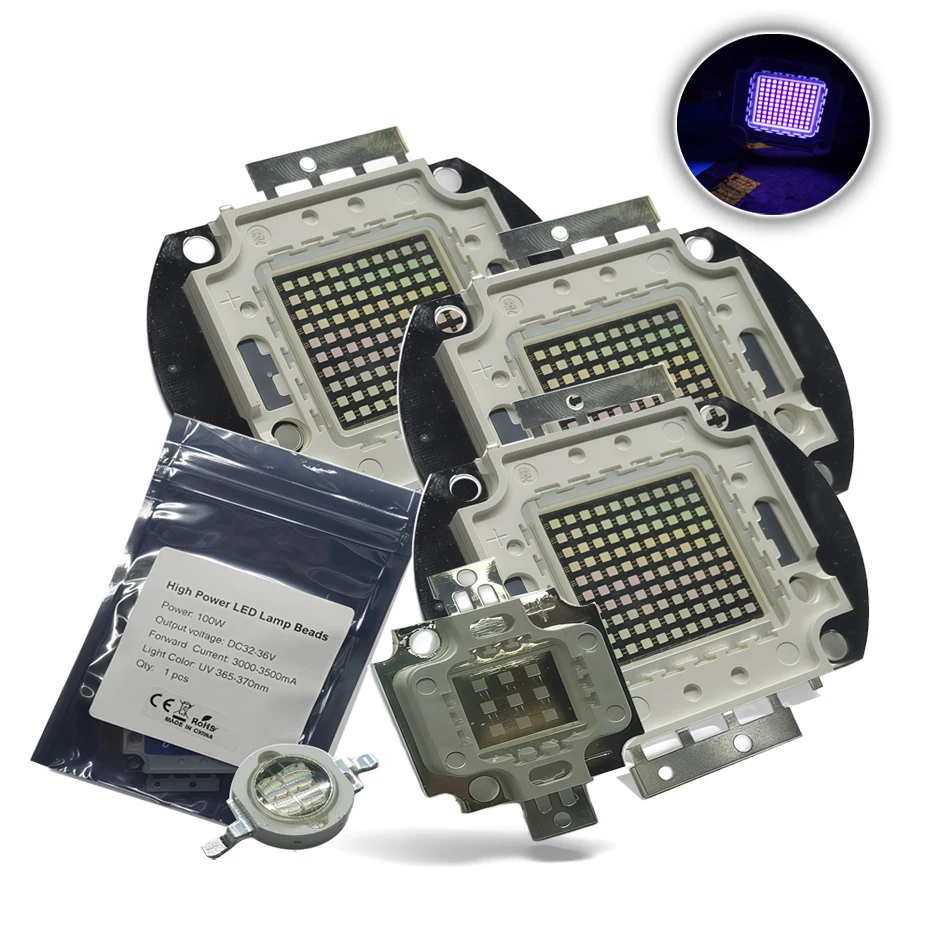3W 10W 50W 100W High Power Light UV Purple LED Lamp Bead 365nm 375nm 380nm 395nm 410nm 430nm Ultraviolet LED Bulbs Lamp Chips