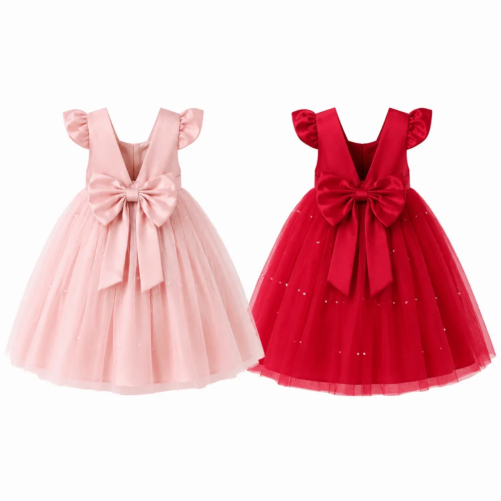 Fashion Red Pink Children's Bow Princess Dress‌ Tulle Big Bow Flower Girl Dress Backless Girls Puffy Dress Birthday Party