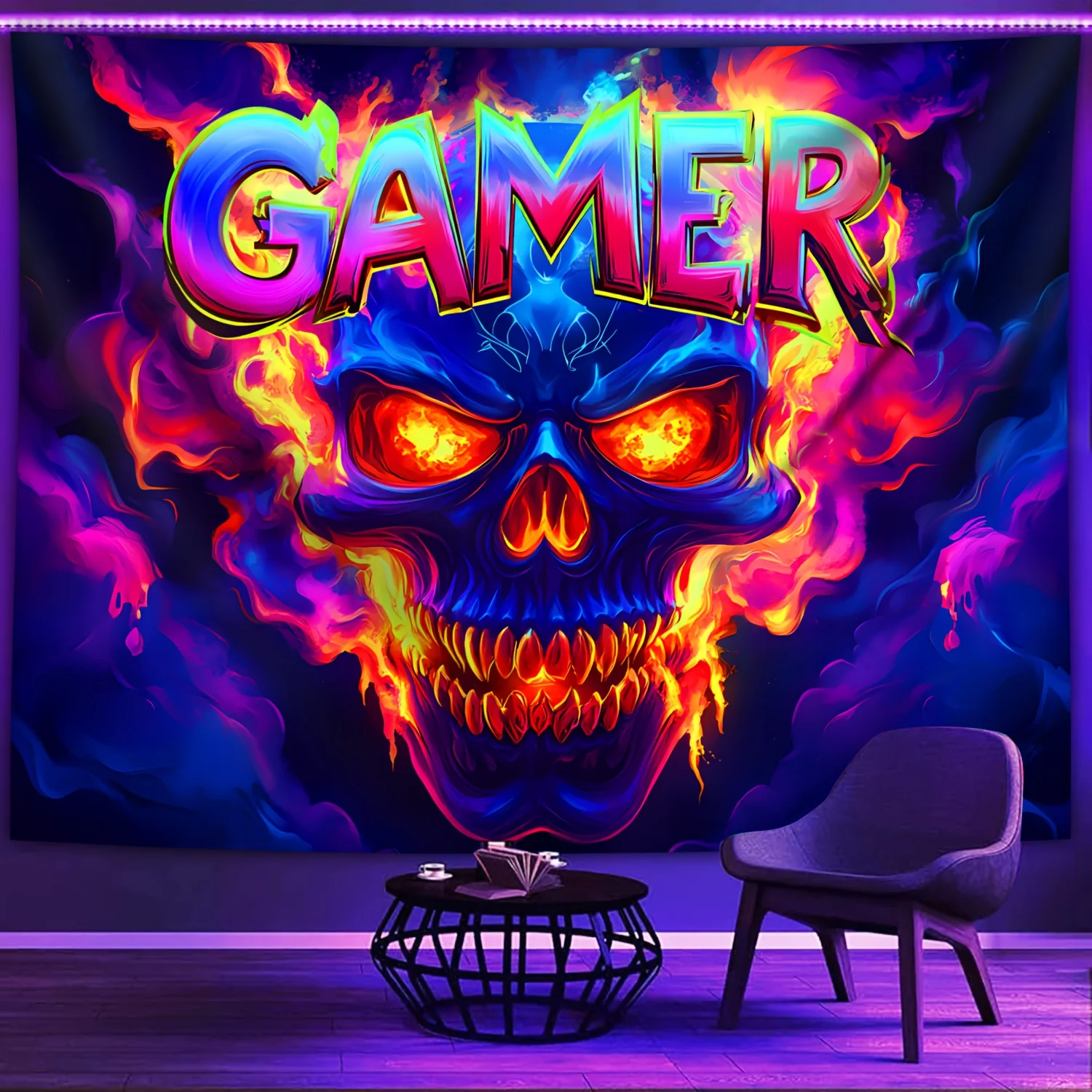 VIKAMA Cyber Skull Gaming Wandteppich, Neonflamme, Gaming-Raum, böhmisches Schlafzimmer, dekorative Kunsthintergründe