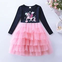 Girls' Long sleeved Cotton Cartoon Printed Unicorn Party Princess Cake Dress LH1705