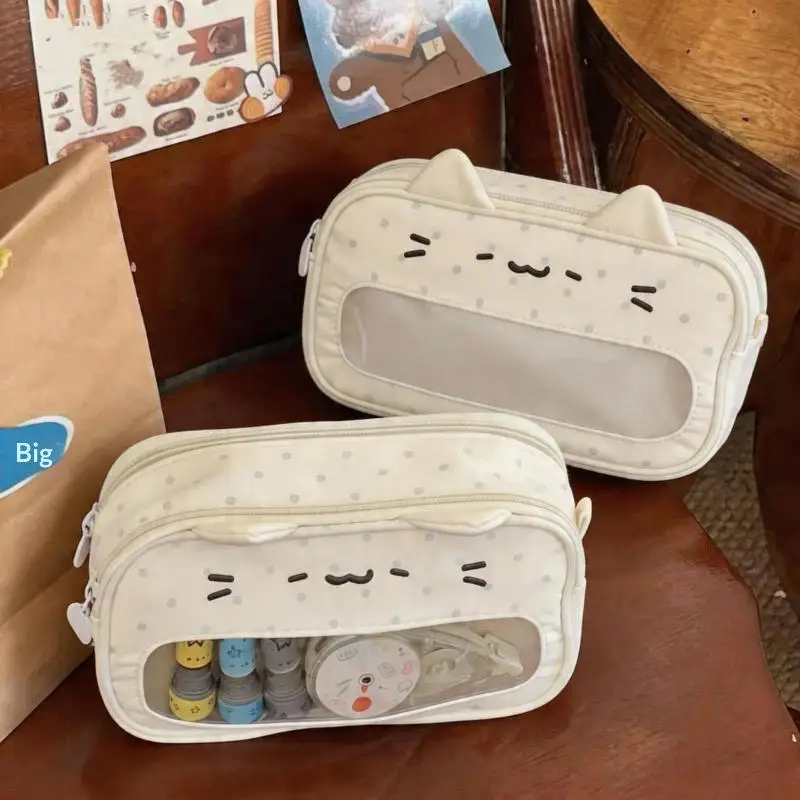 [SU]Cute Wave Point Kitten Stationery Bag With Clear Window Portable Pencil Case[SU]