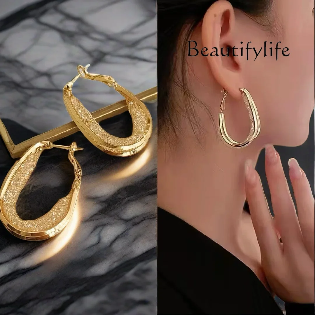 

Beauty Makeup Premium sense irregular oval broken diamond earrings geometric silver needle plated 14K ear buckle temperament