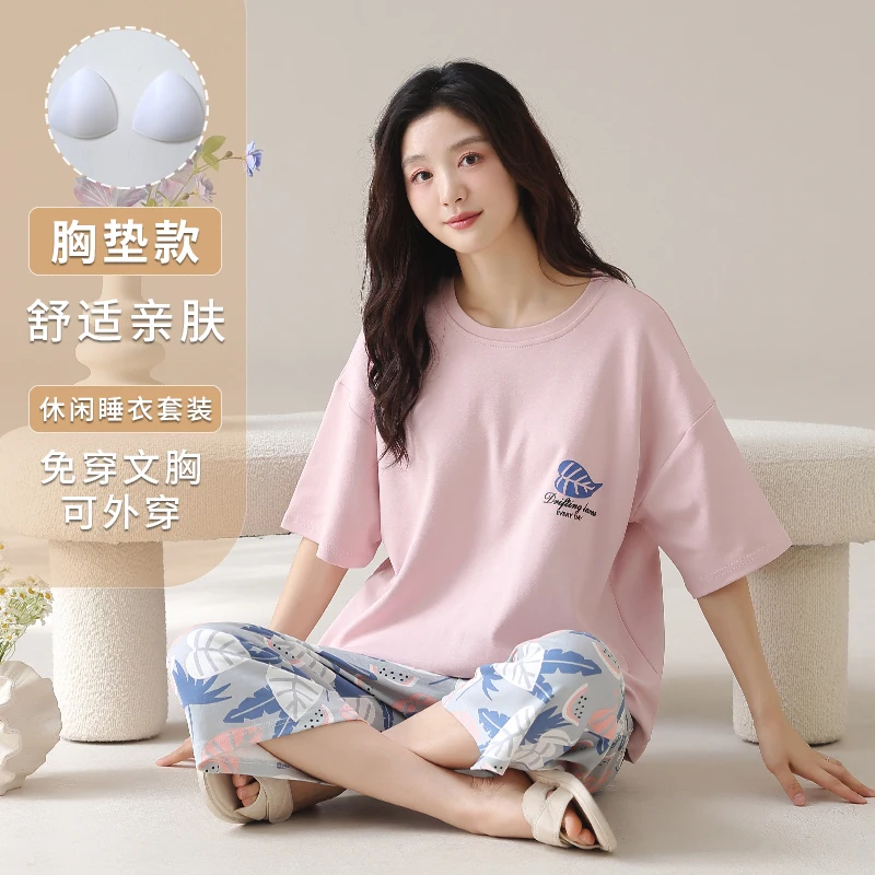 Pijamas de verano de talla grande M-5XL de manga corta con almohadilla en el pecho, conjunto de pijamas 100% algodón para mujer, pijamas informales para mujer