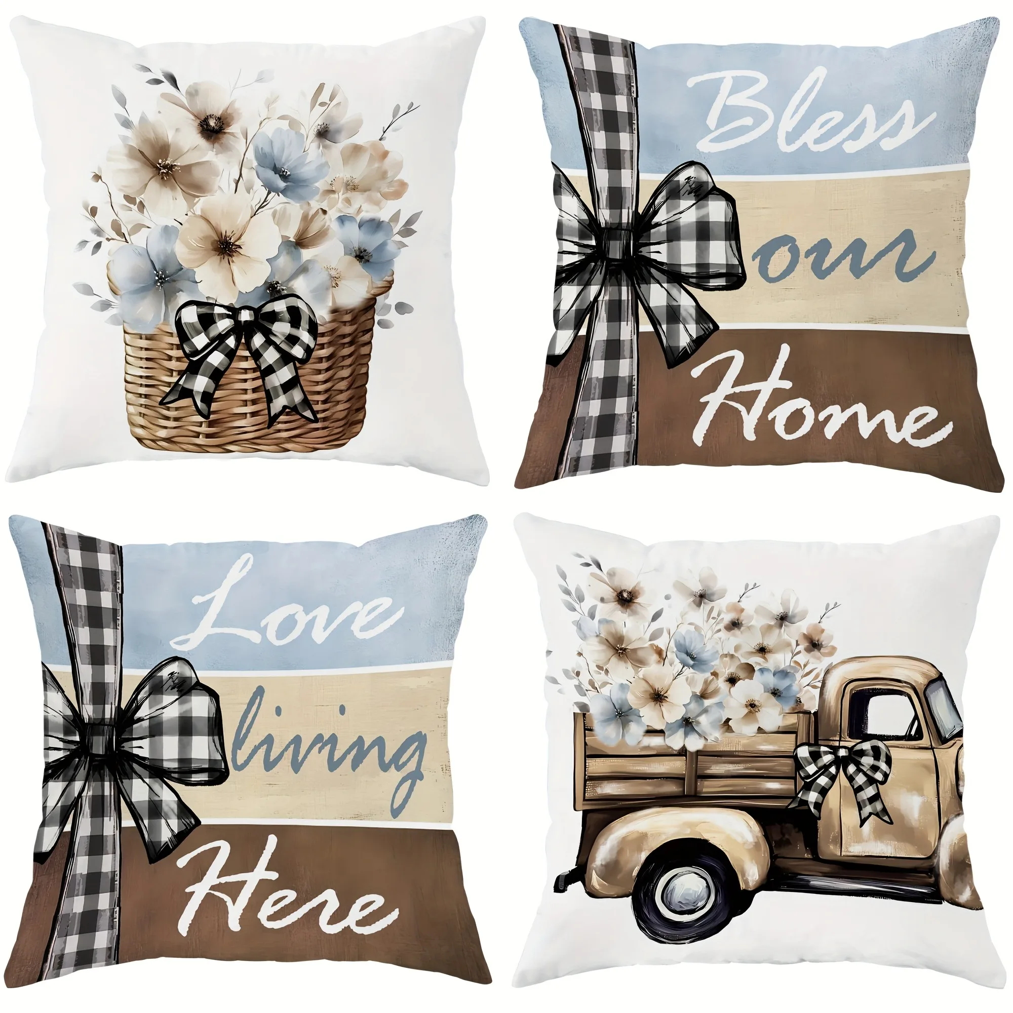 Rustic and elegant pillow cover: floral basket, retro truck and heart-warming home decoration, sofa and chair cushion cover Shor