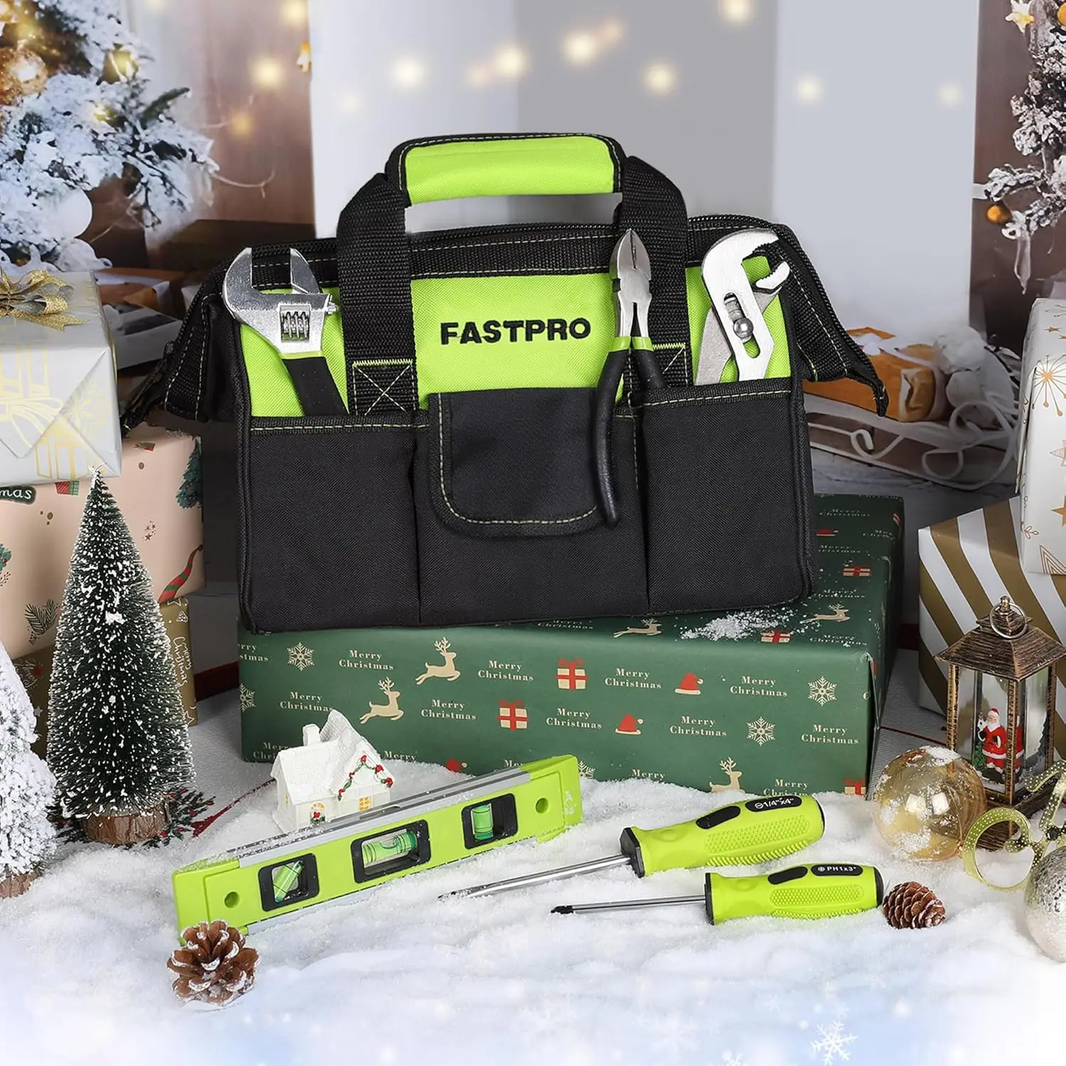 215-Piece Home Repairing Tool Set with 12-Inch Wide Mouth Open Storage Bag Household Hand Tool Kit Green