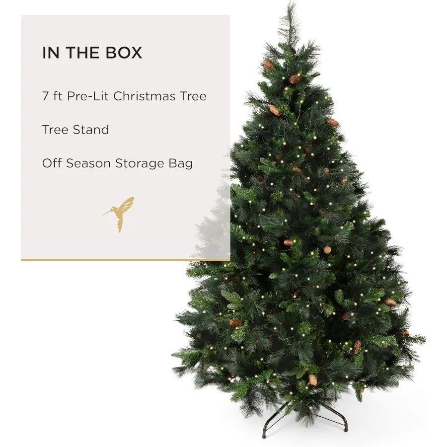 شجرة عيد الميلاد الاصطناعية المضاءة مسبقًا بطول 7 أقدام، مخاريط صنوبر كارولينا، أضواء بيضاء دافئة تتضمن حامل وحقيبة تخزين