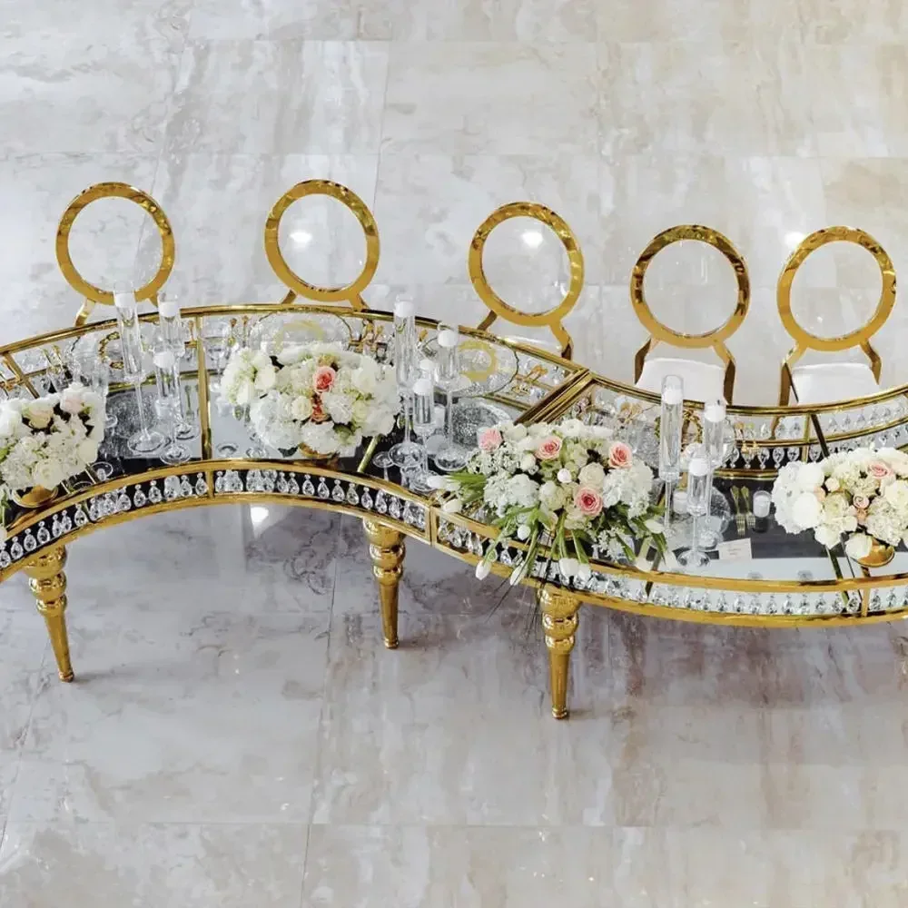 

S-shaped Serpentine Table Luxury glass top gold stainless steel wedding table with crystal party hotel
