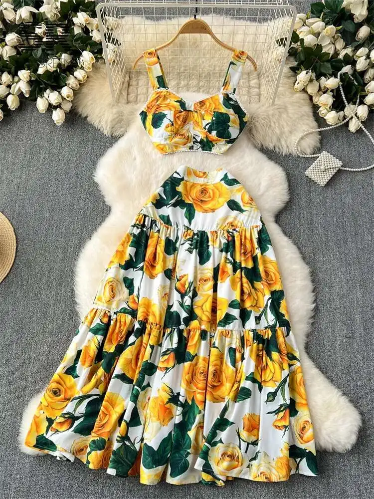 

BabYoung Floral Print Two Piece Set Women Backless Camisole Elastic Waist A Line Long Skirt Summer Vacation Fashion Suit