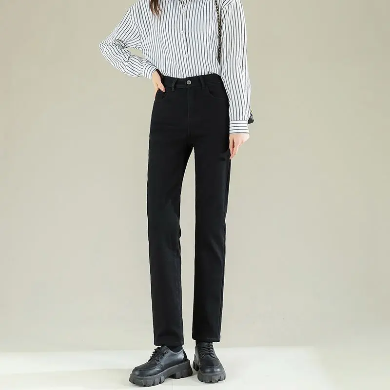 High Waist Jeans Korean-style All-match Plus Velvet Thicker Solid Simple Office Ladies Straight Loose Winter Warm Trendy Leisure