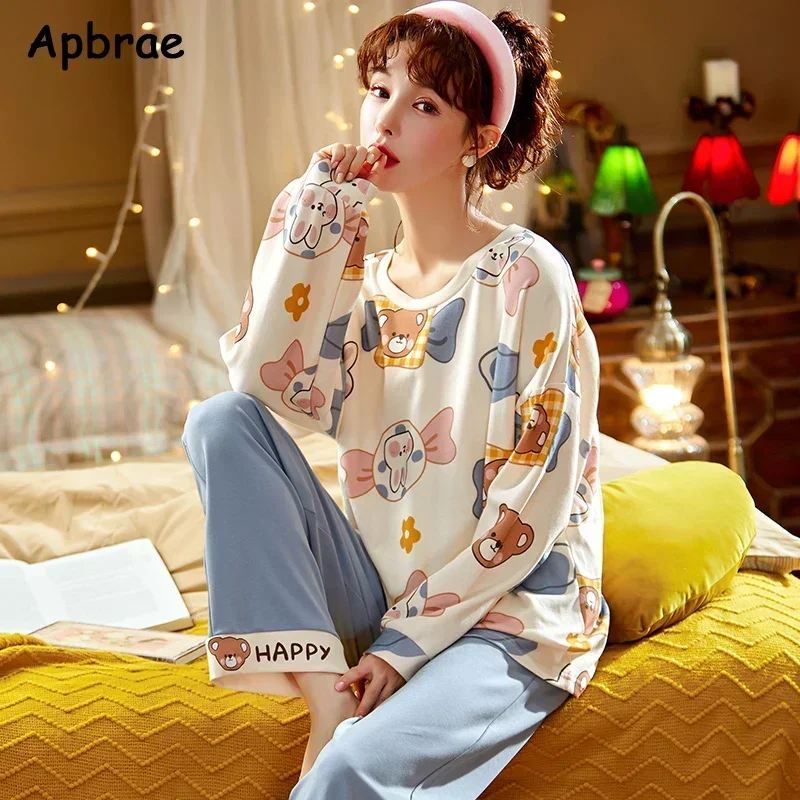 100% Cotton Pajamas Set Autumn Winter Cute O-neck Pajama Long Sleeve Long Pants Women Pijamas Fashion Loungewear for Girl