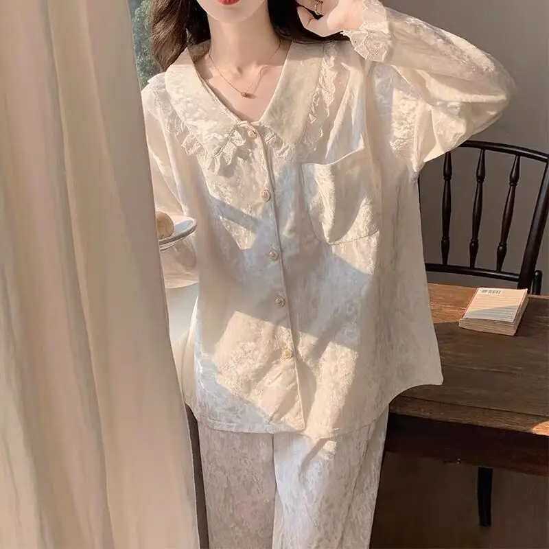 Fairy Style Women\'s Pajamas Gold Velvet Home Clothing Long Sleeved Sleepwear Set French Pyjama Pour Femme Nightwear Suit