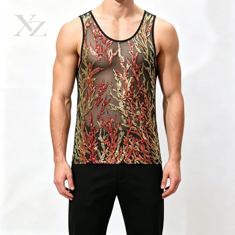Premium Men's Sleeveless Sheer Mesh Tank Top – O Neck Slim Fit See Through Party Costume Shirt with Coral Branch Sequins