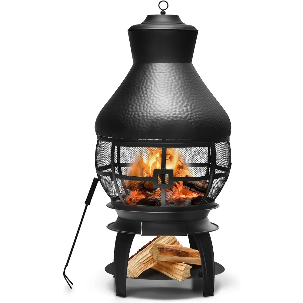 Wood Burning Chiminea, Heavy Duty Fireplace Chiminea Wooden Fire Pit with 2-Piece Log Grate, Premium Rain Cap & Fire Poker