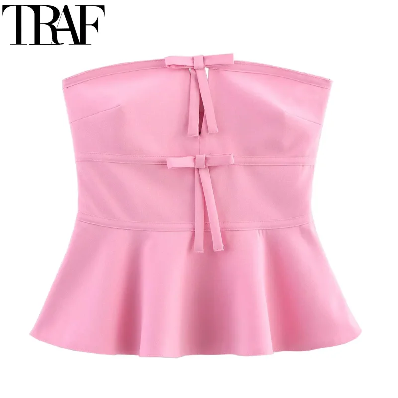 

TRAF 2025 укороченный топ с бабочкой, женский корсет без бретелек, топы-трубы для женщин, летние однотонные топы с открытой спиной, сексуальный вечерние топ с бантом 088