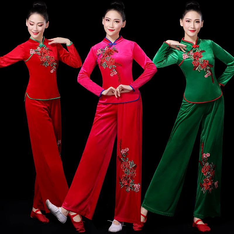 Adult women's Yangko costume Female costume Newgolden velvet Yangko dance costume Female autumn and winter long sleeve fan dance