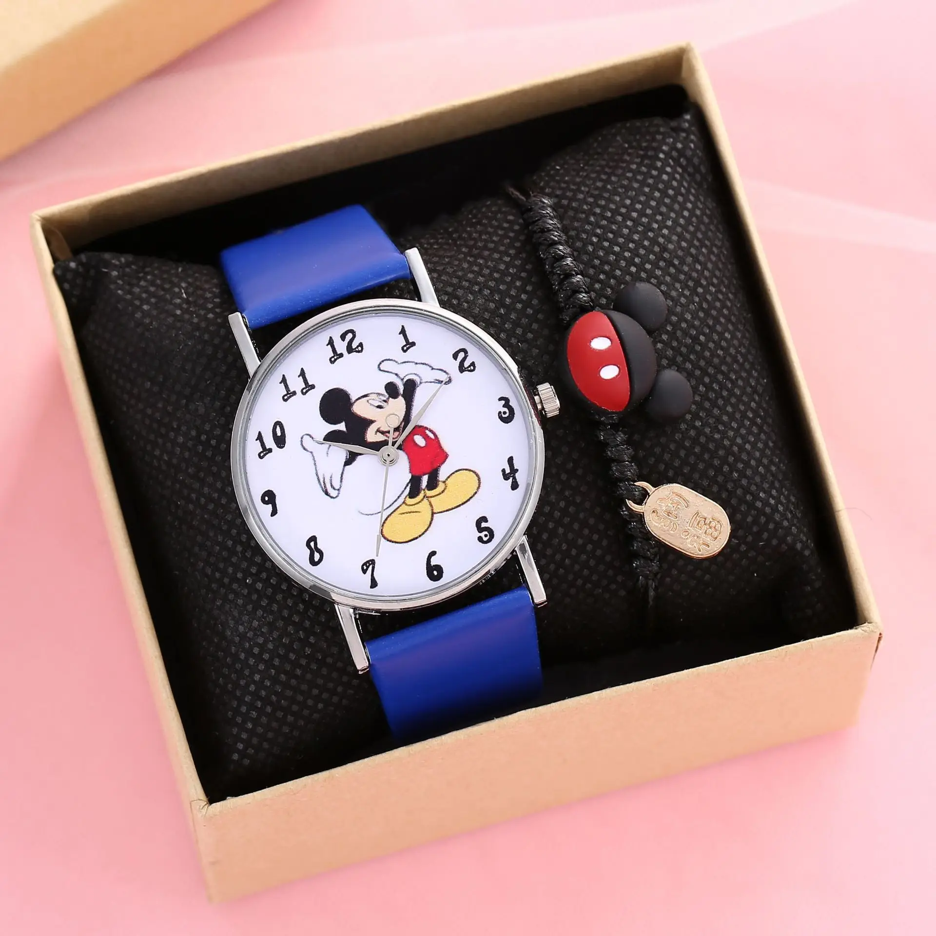 Disney Mickey Children's Watch Anime figure Mickey Mouse PU Digital Pointer Quartz kids Watch Set Watch+Bracelet with Box gifts