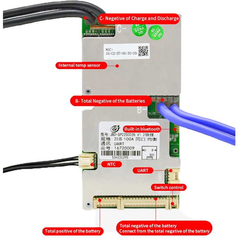 JBD Smart BMS 6S 8S 10S 12S 14S 15S 16S 18S 20S 21S 22S Li-ion BMS Lifepo4 100A 80A 50A 40A 24V 36V 48V 60V Built-in BT With NTC