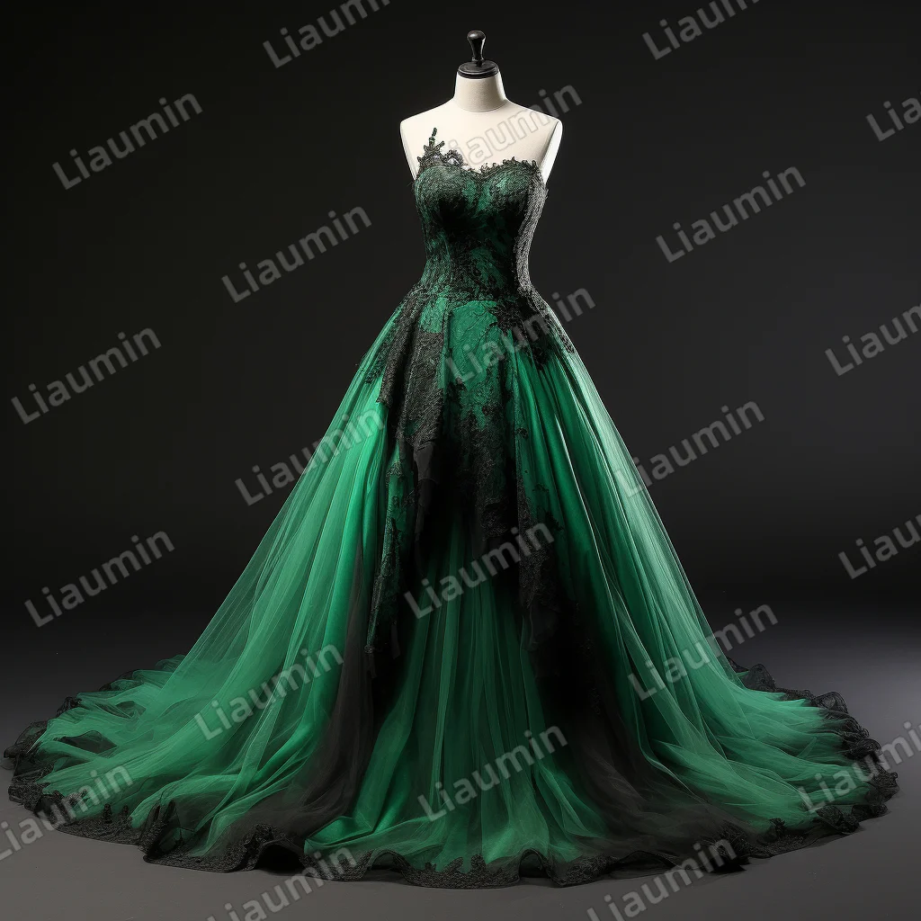 Classic Green and Black Lace Applique Lace Up Back Strapless Evening Prom Dress Brithday Formal Clothing Custom  Made  J2-2.8