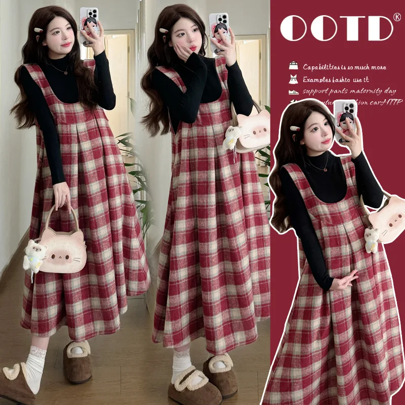 Maternity Suit 2025 Autumn And Winter New Korean Style Casual Versatile Simple Plaid Dress And Black Base Top Two Piece Set
