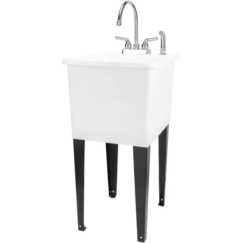 

Hot Sale.White Space Saver Utility Sink , Freestanding Tehila Space Saving Laundry Tub, Chrome Gooseneck Faucet