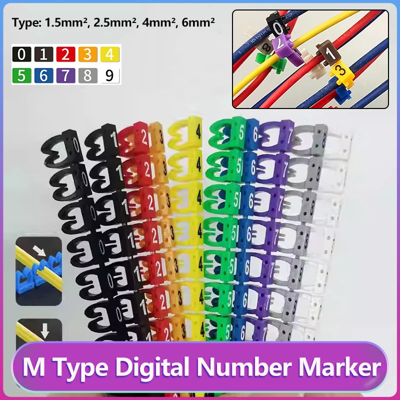 

100/150pcs M Type Digital Number Tag Label Tube Colored Wire 1.5/2.5/4/6mm² Wire Network 0-9 Cable Marke Numbering Marker Clips