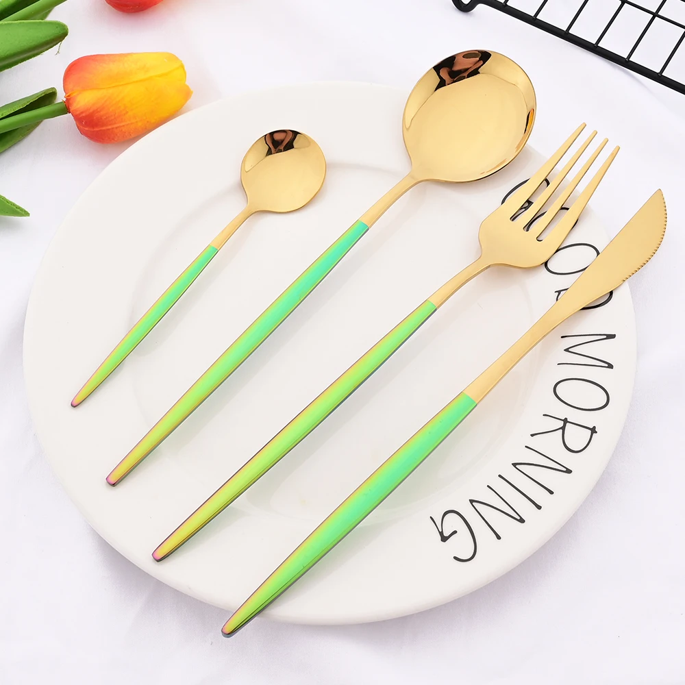 24Pcs Mirror Colorfu Handle Gold Dinnerware Cutlery Set Stainless Steel Knife Fork Spoon Flatware Set Western Kitchen Tableware