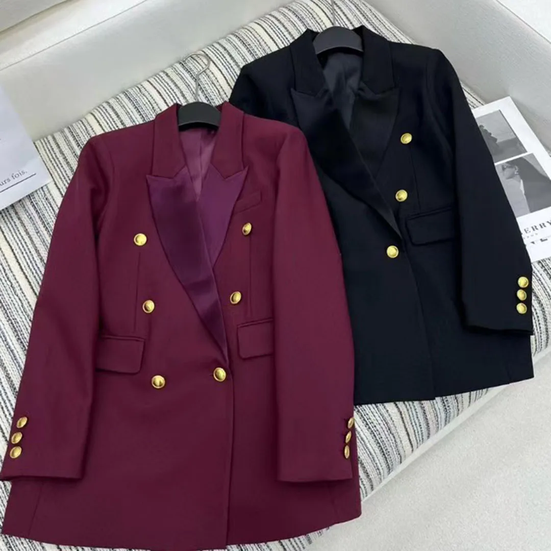 2024 New Autumn Fashion Runway Design Elegant Lady Blazer Women Jacket Gold Buttons Decoration Suit Noctched Long Sleeve Coat