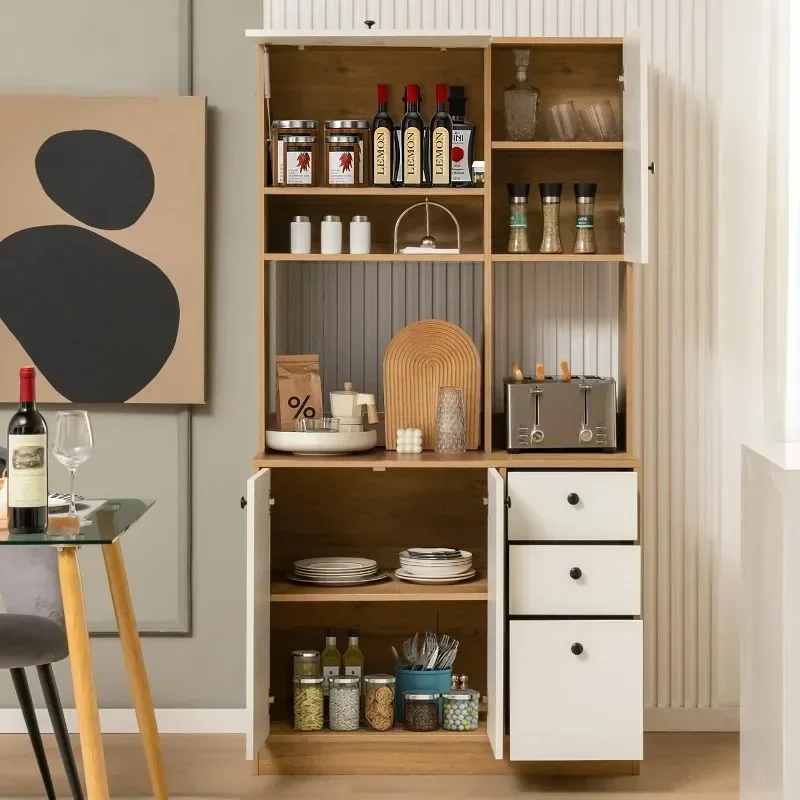 Kitchen Buffet Hutch Storage Cabinet, 71'' Freestanding Pantry with 3 Cabinets & Drawers, Adjustable Shelves