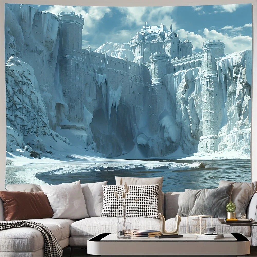 Ice Castle Fantasy Tapestry 2D Digital Print Polyester Wall Hanging Living Room Bedroom Office Decor with Hooks
