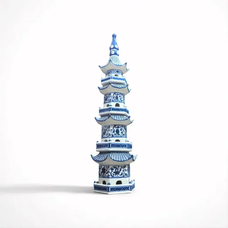 Blue and White Ceramic Pagoda Statue Oriental Chinese Porcelain Decoration New Design Home Ornament Traditional Tower