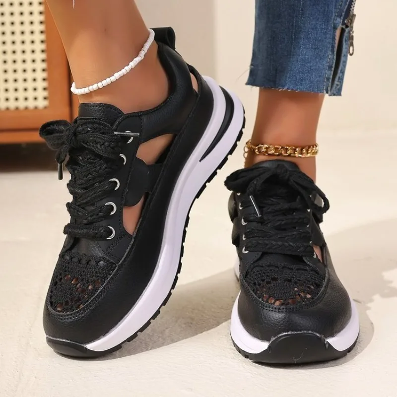 Women's Platform Sneakers Round Toe Lace-Up Chunky Sole Woven-Look Front Cutouts Classic Everyday Streetwear Statement Footwear