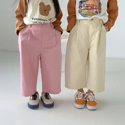 2024 Spring sibling solid color casual straight trousers Boys girls cotton loose wide leg pants